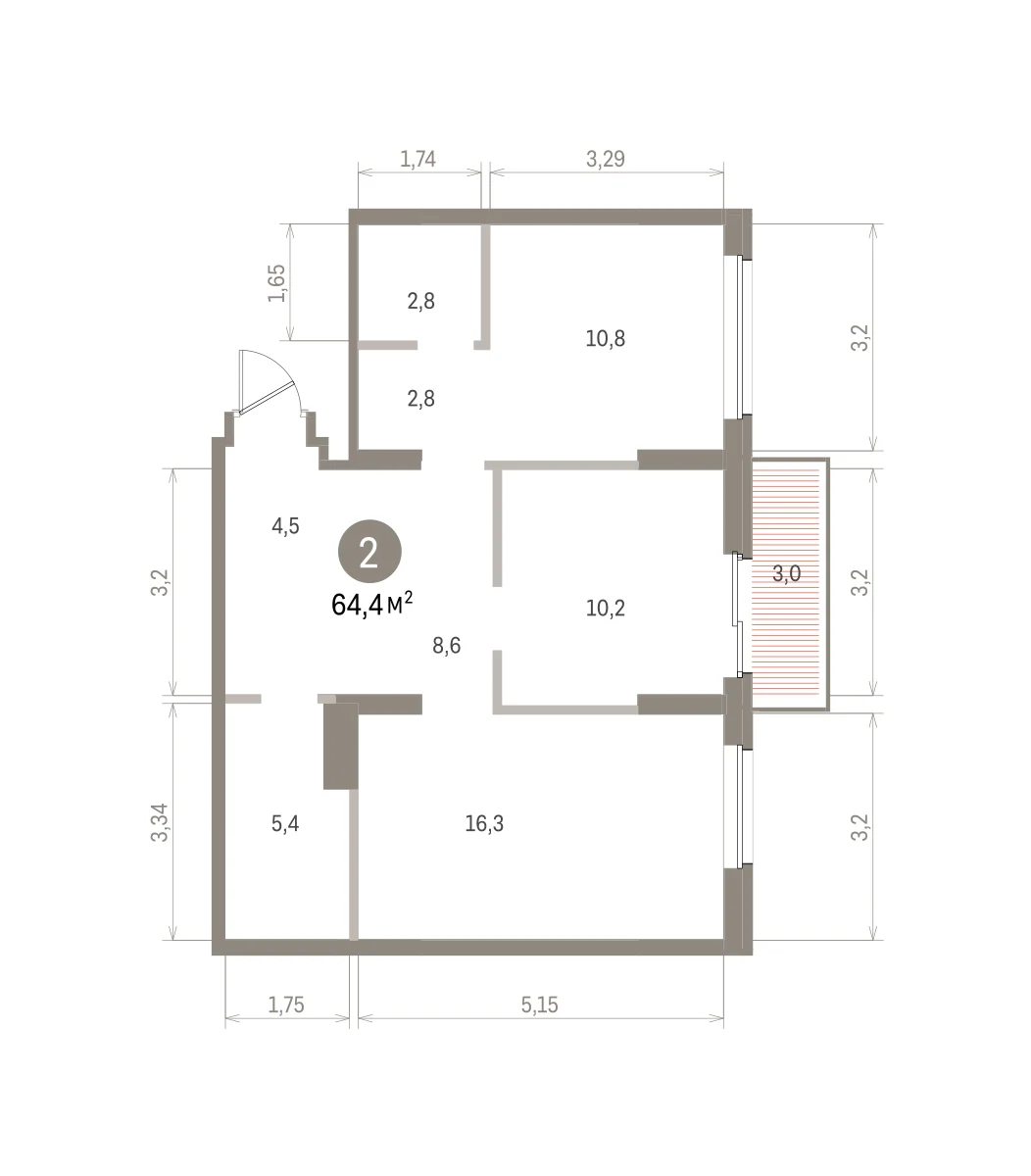 2 комн. Квартира 64.4 кв. м