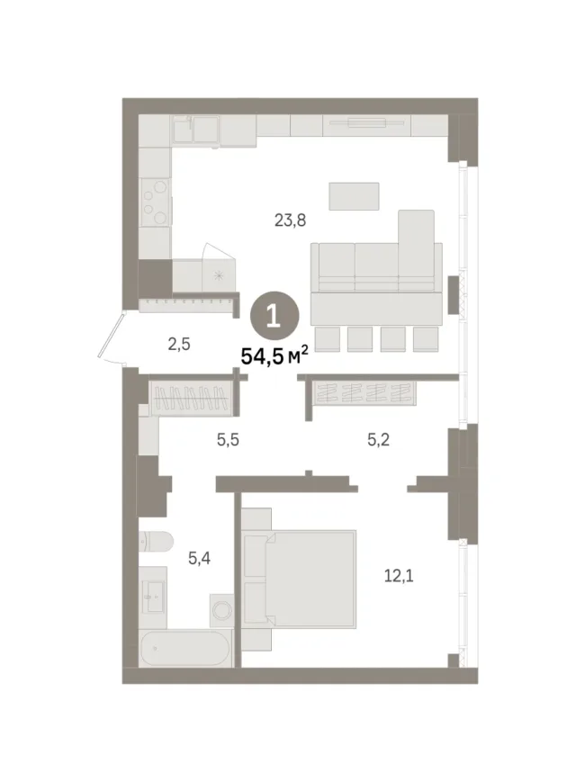 1 комн. Квартира 54.5 кв. м