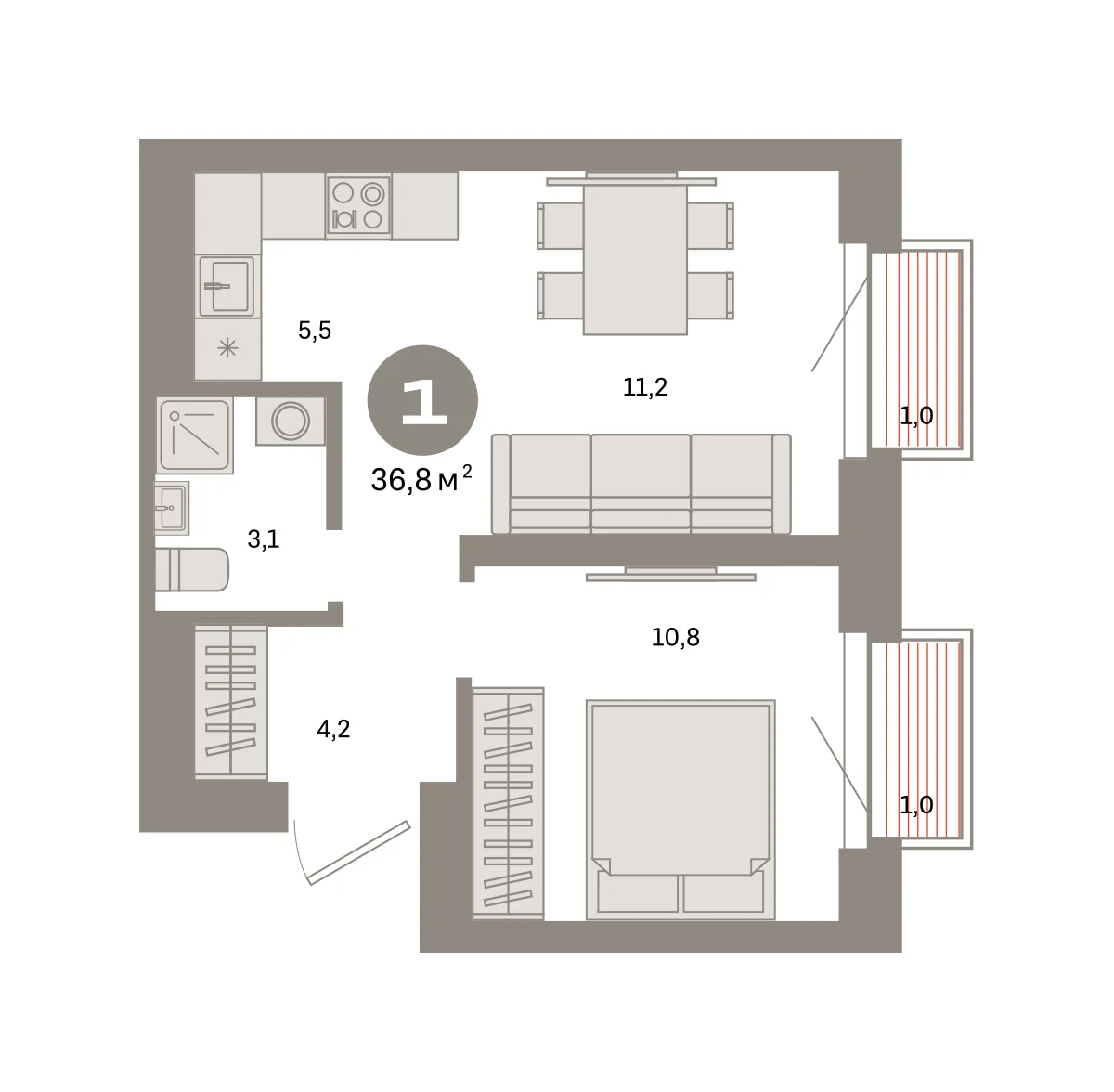 1 комн. Квартира 36.8 кв. м