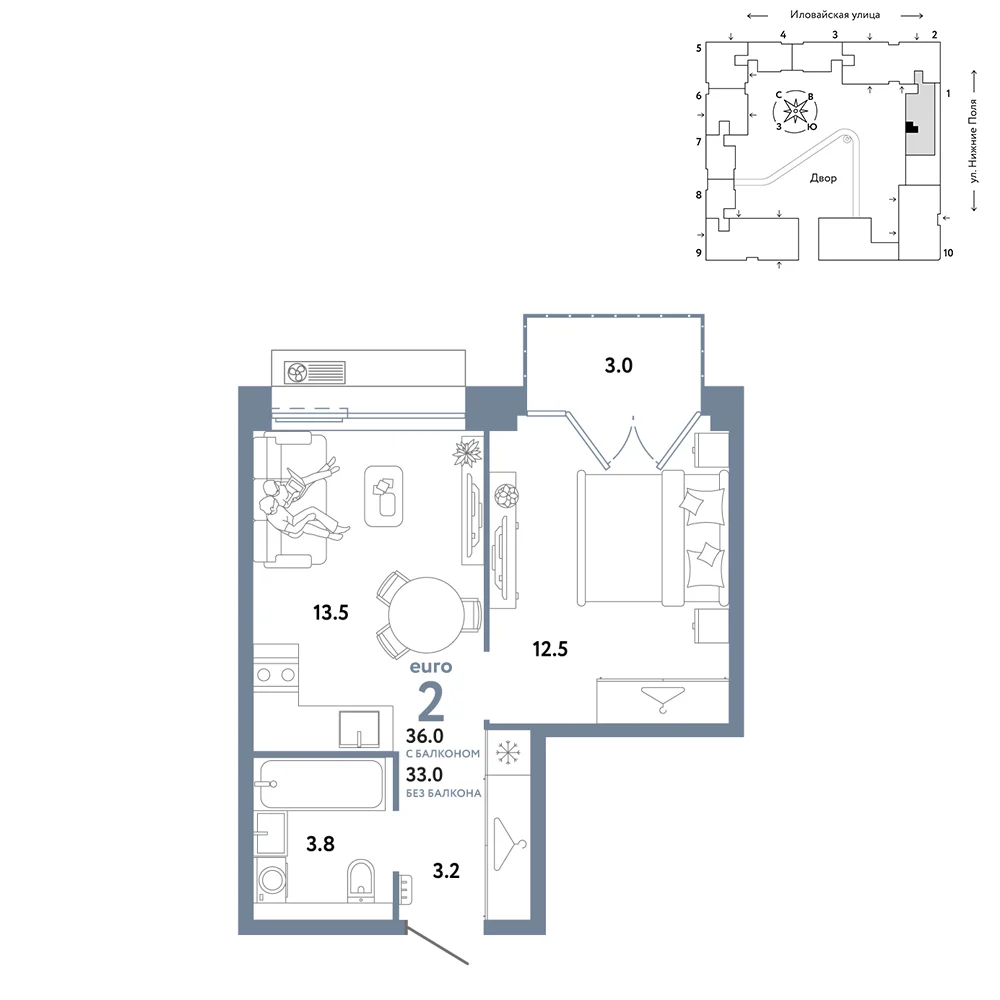 2 комн. Квартира 36 кв. м