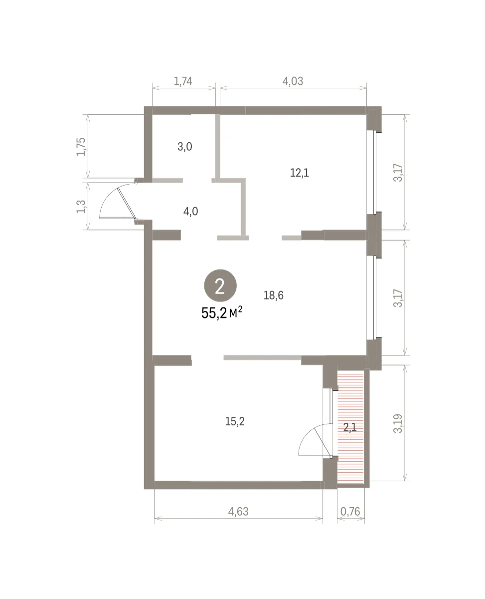 2 комн. Квартира 55.2 кв. м
