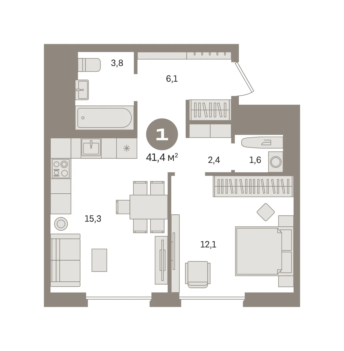 1 комн. Квартира 41.4 кв. м