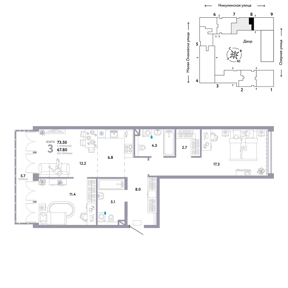 3 комн. Квартира 76.1 кв. м
