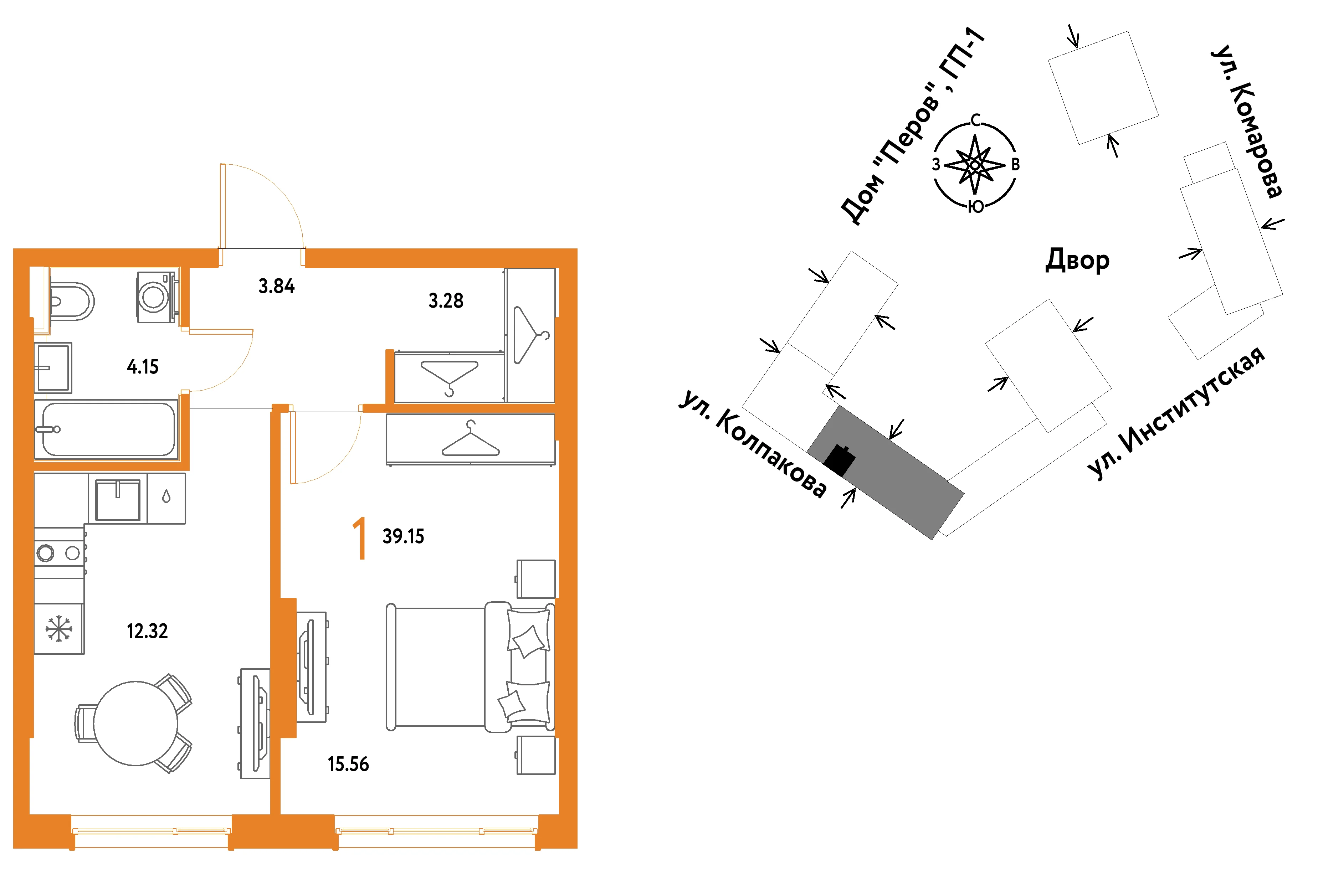 1 комн. Квартира 39.2 кв. м