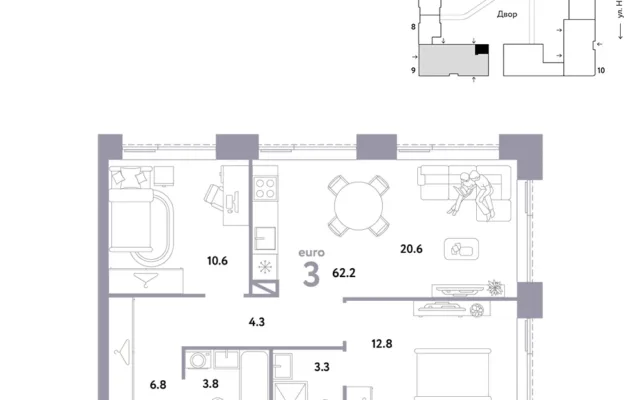 3 комн. Квартира 62.2 кв. м, Москва