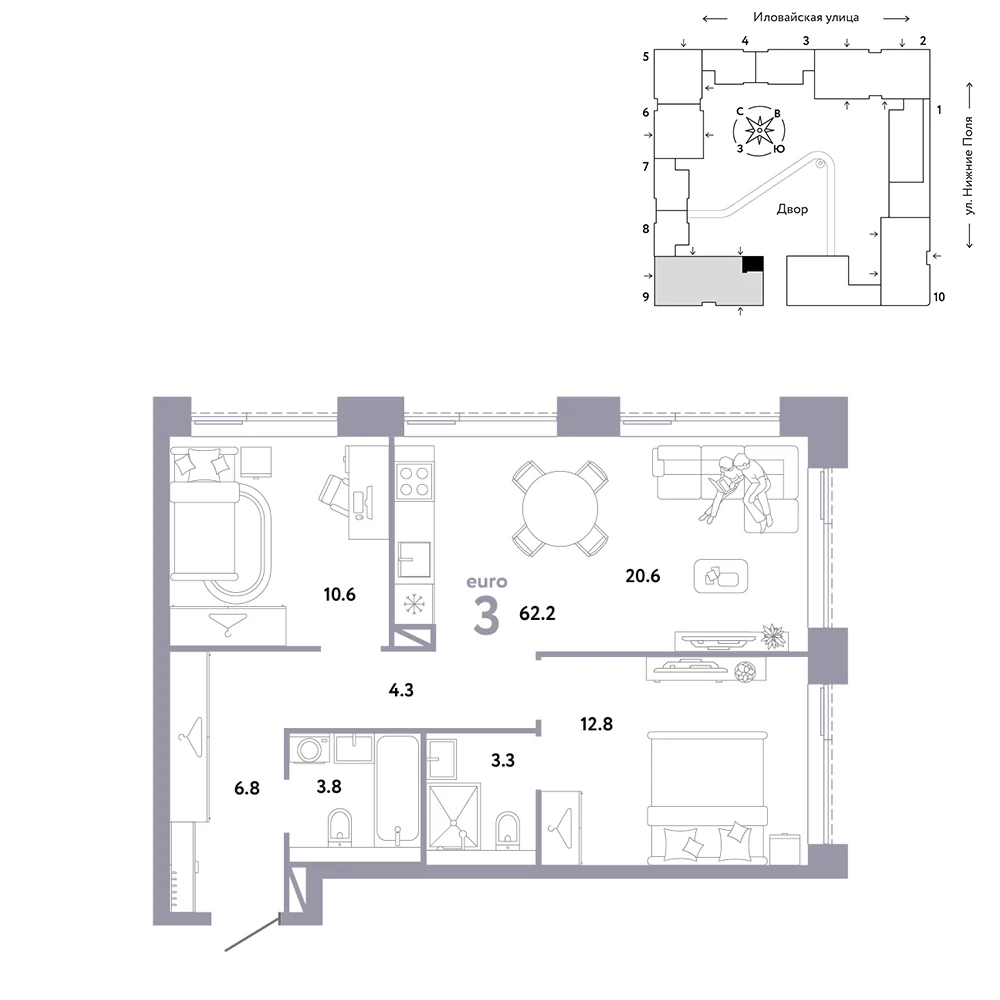 3 комн. Квартира 62.2 кв. м
