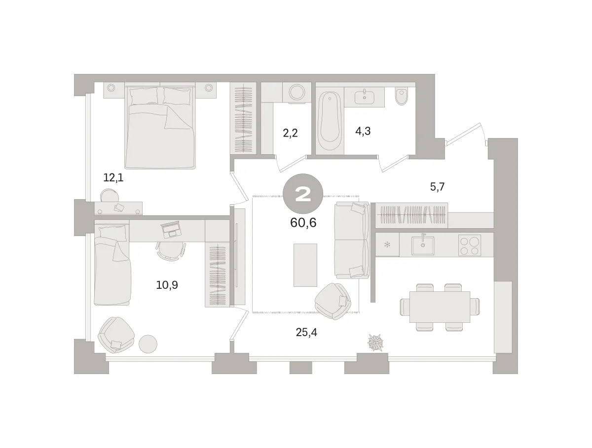 2 комн. Квартира 60.6 кв. м