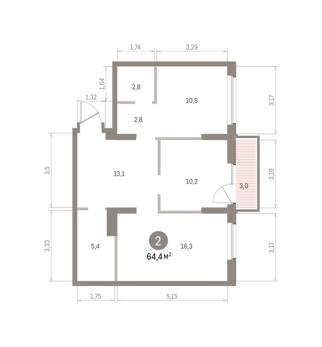 2 комн. Квартира 64.4 кв. м