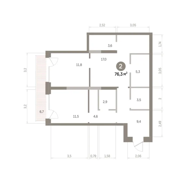 2 комн. Квартира 76.3 кв. м