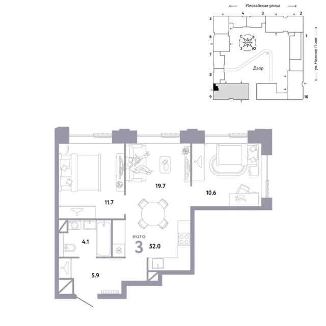 3 комн. Квартира 52 кв. м