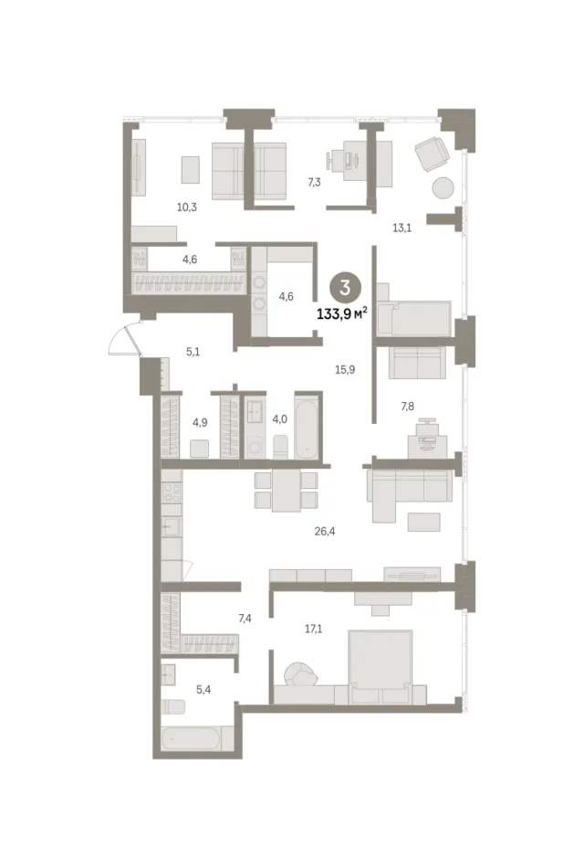 3 комн. Квартира 133.9 кв. м