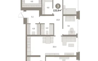 3 комн. Квартира 133.9 кв. м