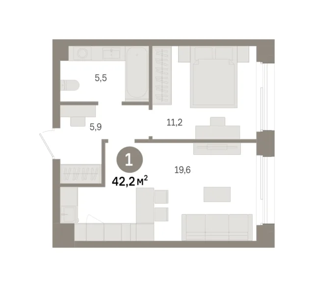 1 комн. Квартира 42.2 кв. м