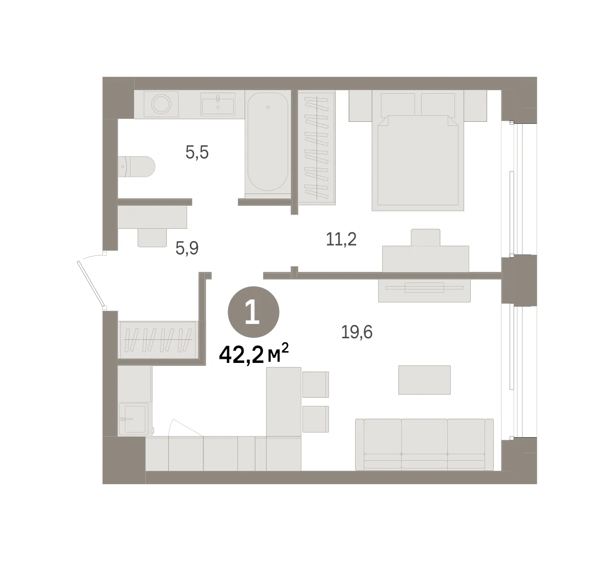 1 комн. Квартира 42.2 кв. м