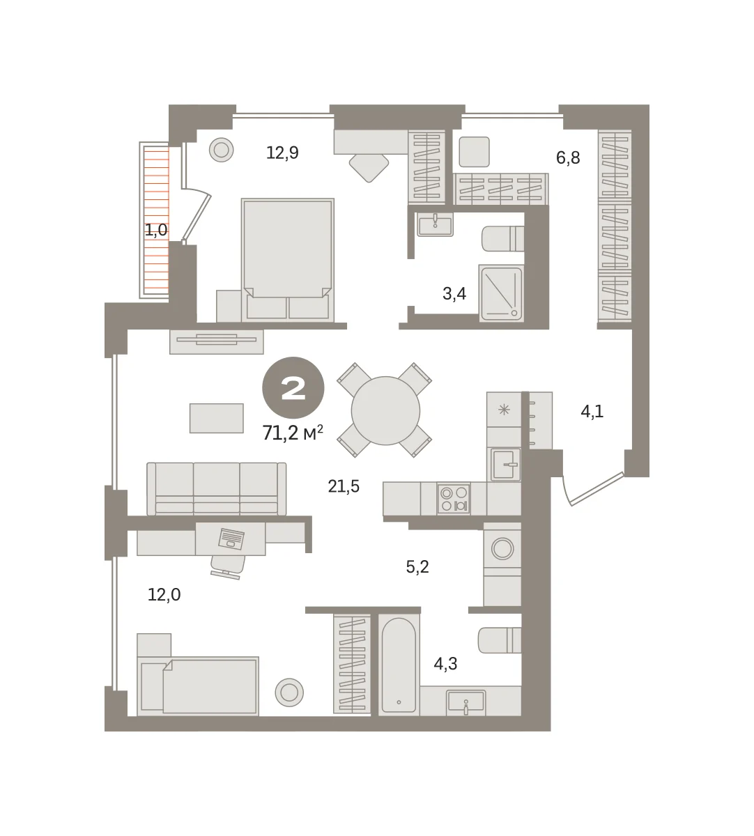 2 комн. Квартира 71.2 кв. м