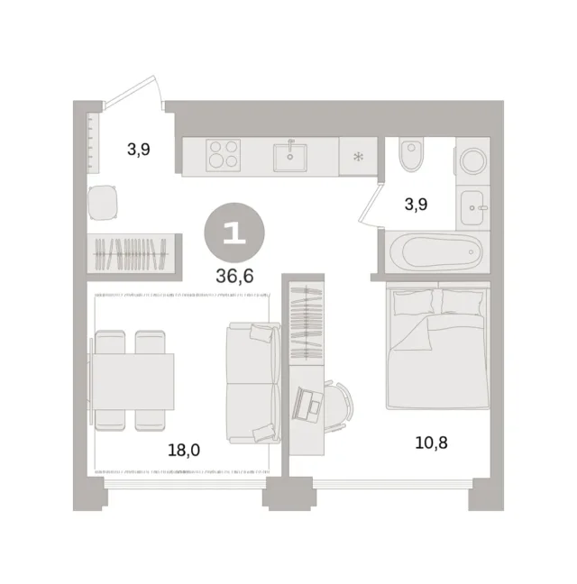 1 комн. Квартира 36.6 кв. м
