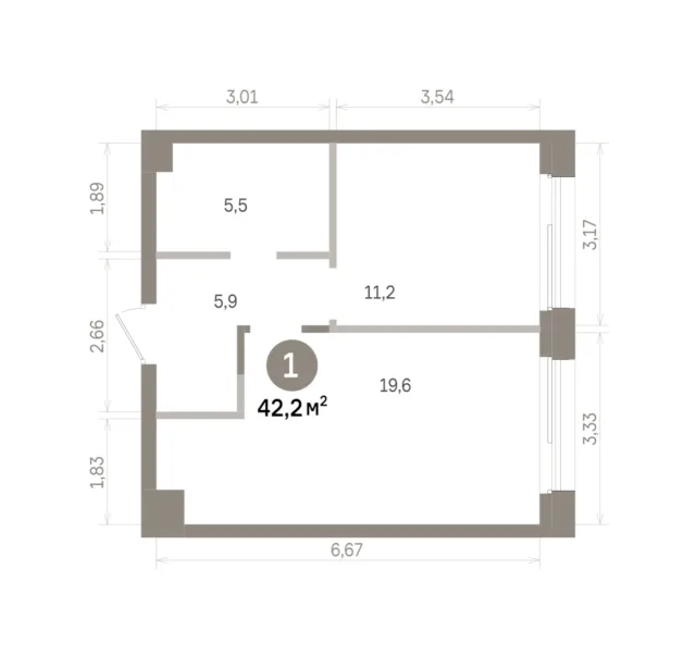 1 комн. Квартира 42.2 кв. м